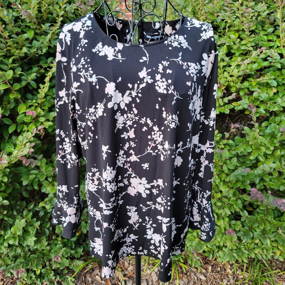 Karl Lagerfeld L Blouse Black Floral Bell Sleeve Whimsigoth Career Romantic